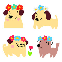 Collection of dogs wearing wreath flowers on heads. Hand drawn illustrations on white background.  