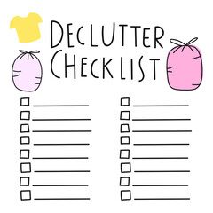 Template of declutter checklist. Hand drawn illustration on white background.