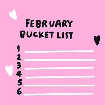 February Bucket List. Printable Template. Vector Illustration On Pink Background.