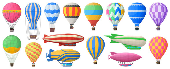 Hot air balloon, flying vintage aerostat and airships. Vintage sky transport, air journey flying aerostat vector symbols set. Retro airship and hot air balloon