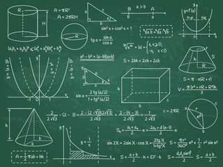 Math, geometry or physics calculation formulas, algebra figures and graphs. Doodle school education graphs vector illustration set. Hand drawn formula symbols - obrazy, fototapety, plakaty