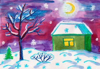 The winter night landscape with a rustic house is painted with watercolor and oil pastels in the naive style of a children's drawing