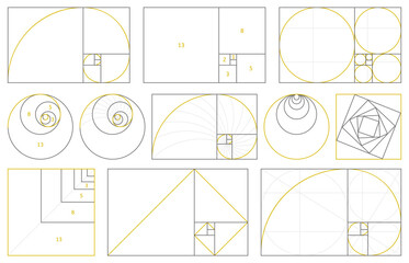 Fototapeta Golden section, fibonacci numbers, ideal proportions ratio. Geometry harmony gold fibonacci spiral ratio, vector illustration set. Spiral proportion elements obraz