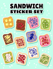 Set of hand drawn toasts sticker set. Sandwiches doodles with different spreads, fruits and vegetables. Vegetarian breakfast food. Vector illustration. Media highlights symbols