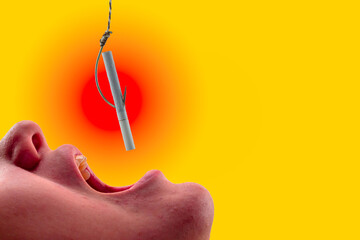 part of a human face with an open mouth. a cigarette is like bait on a hook.  space for printing text.  background picture.