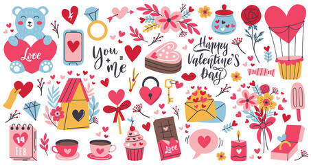 Cartoon romantic love valentines day elements and stickers. Heart shape, sweets, cake and flowers vector symbols set. Valentines day romantic objects