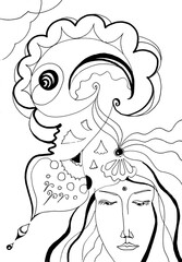A girl's face with a dot on her forehead and thoughts in the form of abstract patterns. The state of meditation. The composition is drawn by hand with ink. Contemporary surreal art
