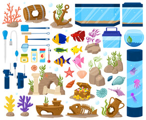 Aquarium underwater seaweeds and fish, cartoon aquaria equipment. Underwater pets, goldfish or guppy vector illustration set. Cartoon aquarium accessory