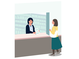 Obraz premium 調剤薬局で薬を受け取る女性と処方する女性薬剤師のベクターイラスト