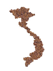 Map of Vietnam made with coffee beans on a white isolated background. Export, production, supply,...