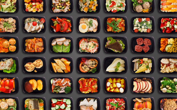 Creative Background With Healthy Tasty Food In Black Plastic Containers For Delivery