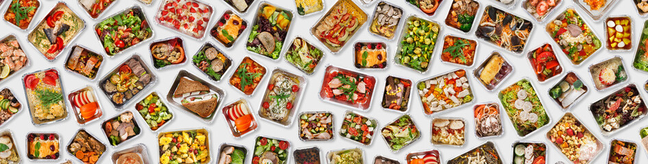 Creative Banner For Food Delivery With Prepared Healthy Meals In Foil Containers