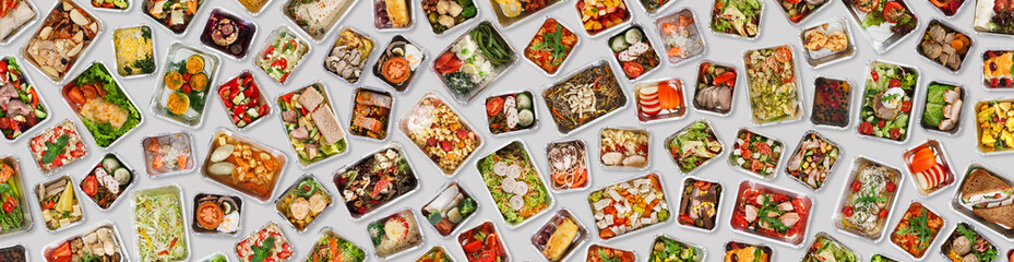 Set Of Take Away Foil Boxes With Healthy Meals Over White Background