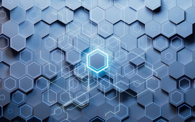 Hexagonal scientific and technological materials, 3d rendering.