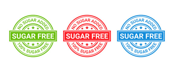 Sugar free stamp icon. No sugar added round badge. Diabetic label. Green, red and blue seal imprints isolated on white background. Vector illustration. Emblem for package product. Flat design.