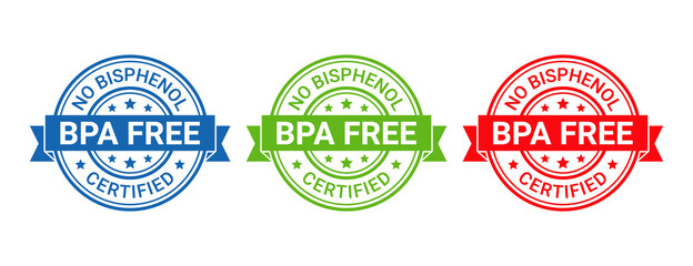 BPA free stamp icon. Non toxic plastic round label. No bisphenol badge. Seal imprints for eco package. Waste marks isolated on white background. Set retro emblems. Vector illustration.