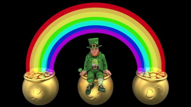 Leprechaun sitting on the pot with gold under the rainbow - 3d render looped with alpha channel.