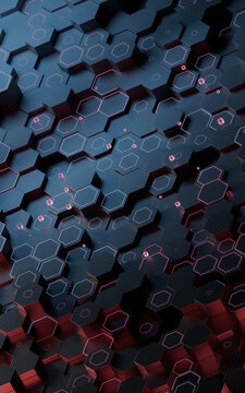 Hexagonal scientific and technological materials, 3d rendering.