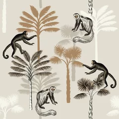 Tapeten Tropischer Vintage-Tieraffe, Palmen florales nahtloses Muster beige Hintergrund. Exotische Dschungeltapete. © good_mood