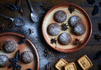 Chocolate cookies on table.