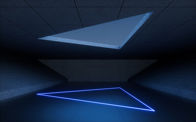 Concrete building and neon lines, 3d rendering.
