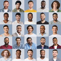Portraits of positive multiracial men smiling at camera