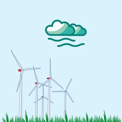 Landscape with electric and eco power windmill for renewable energy source and green economy company