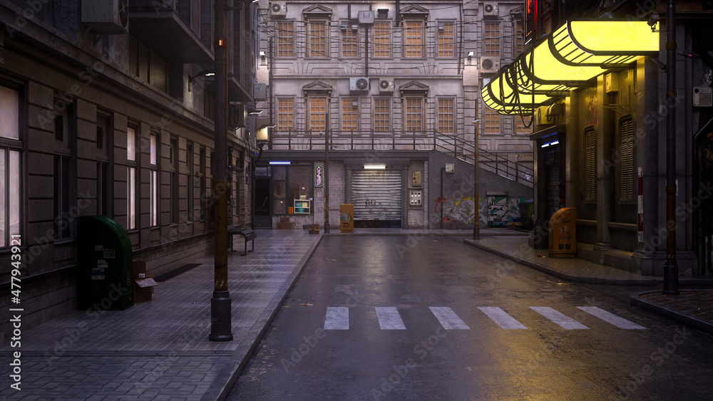 Aufkleber an empty downtown city street with a dark moody noir style atmosphere. 3d irendering.