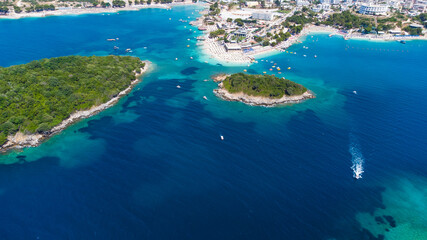 Obraz premium Beautiful aerial view of Ksamil from above islands and sea, Albanian Riviera