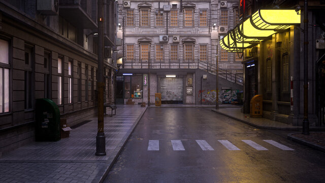 An empty downtown city street with a dark moody noir style atmosphere. 3D irendering.