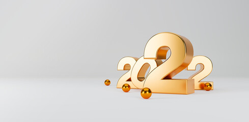 gold glossy 3D figures 2022 with merry christmas and happy new year decorations on white background. 3D illustration