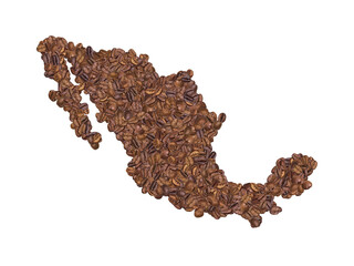 Map of Mexico made with coffee beans on a white isolated background. Export, production, supply,...