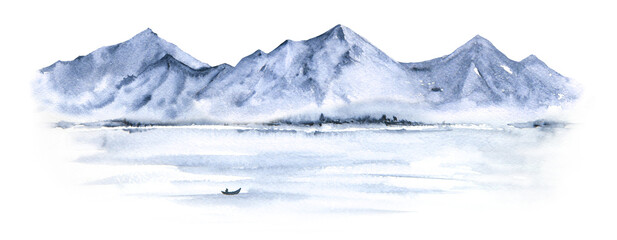 Watercolor mountains in fog, boat, hand drawn in sumi-e style illustration