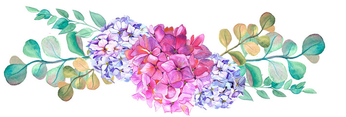 Blue white jasmine, hydrangea, rose flowers wedding watercolor.