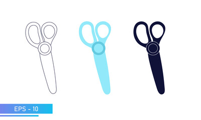 Scissors for children for hobbies and applications. In solid fill, in lines and in color. Hobby and leisure items. Vector illustration.