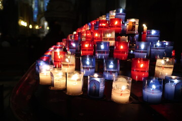 Beautiful candles for prayers at a church in Lyon, France.