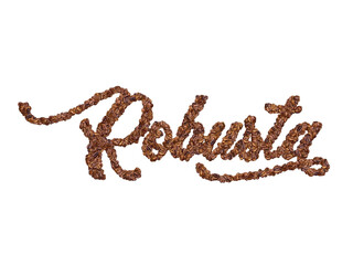 Cursive Robusta word made with coffee beans. Isolated on a white background.
