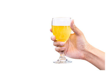 hand holding grape juice in a glass , healthy juice on white background.