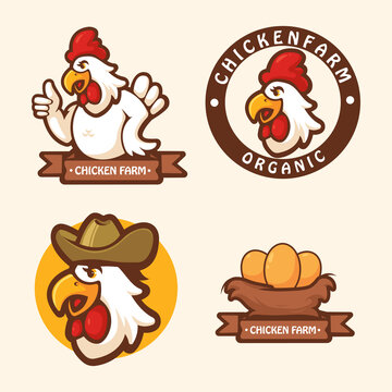 Chicken logo. Organic farm food logotype cooking egg and bird broilers cartoon vector illustration