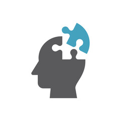 Human head with brain puzzle piece icon. Idea, solution concept black filled vector symbol.