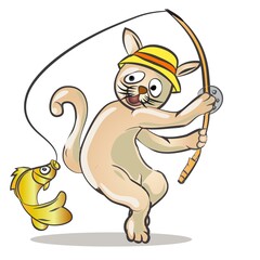 Funny Fisherman Cat Cartoon Character Vector Illustration