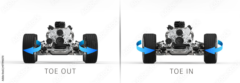 Sticker 3D Illustration with car wheel alignment. Toe in and toe out wheel alignment