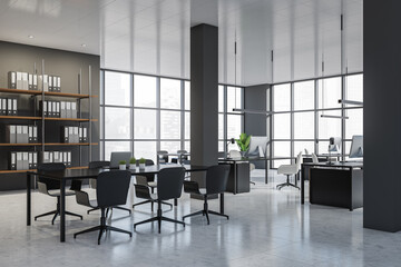 Fototapeta premium Corner view on dark office room interior with panoramic window