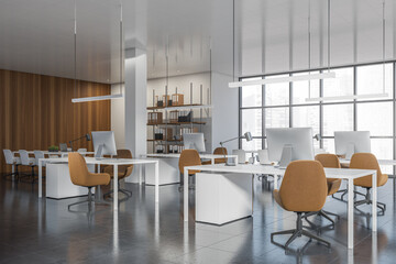 Corner view on bright office room interior with panoramic window