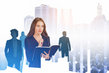 Fototapeta premium Network in international company, woman with notebook and binary hologram