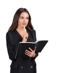 Businesswoman with notebook in hands, pensive isolated over white background