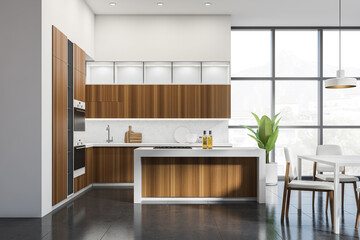 White and wooden kitchen set interior with dining table and chairs, window