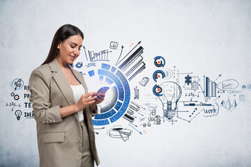 Businesswoman with smartphone in hands near recruitment and start up plan