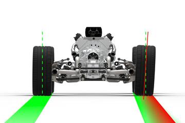 Car rear wheel missalignment.3D illustration with back view of a car drivetrain with rear wheels alignment. Car positive camber 