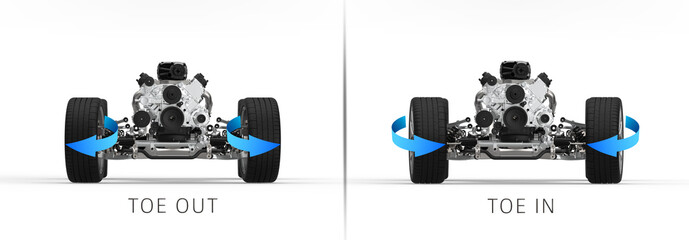 3D Illustration with car wheel alignment. Toe in and toe out wheel alignment